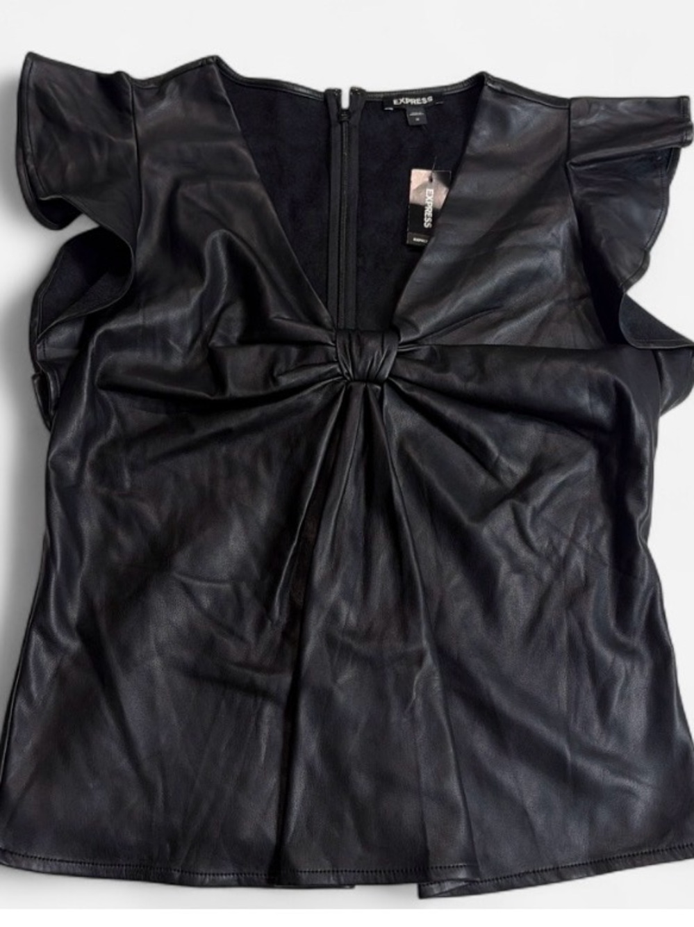 Express Black Faux-Leather Knot-Front Flutter Sleeve Top